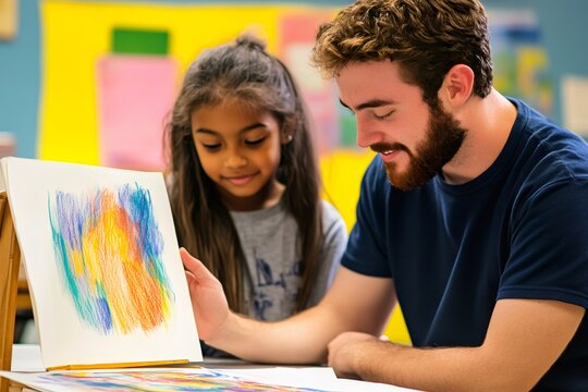 Elementary school teacher reviewing a colorful drawing created by a student during an engaging art class, fostering creativity and development - Powered by Adobe