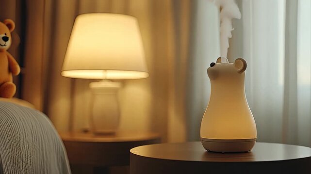A charming diffuser emits mist while providing a warm glow, enhancing the tranquil ambiance of the cozy room setting