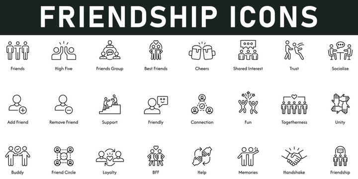 Friendship Icons vector illustration with thin line editable stroke contains high five, best friends, cheers, trust, support, friendly, connection, togetherness, unity, handshake, help, friend circle	