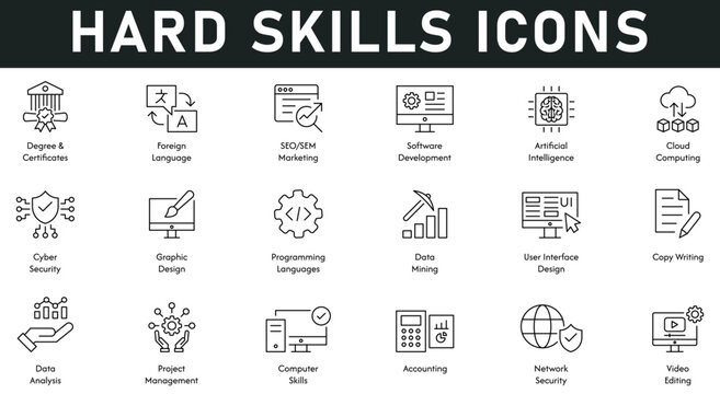 Hard skills Icons vector illustration with thin line editable stroke contains degree and certificates, seo, foreign language, software development, network security, accounting, computer skills, data.