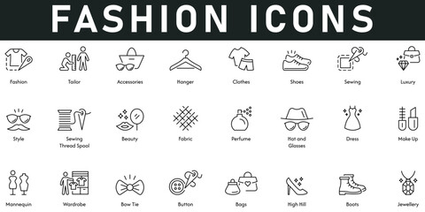 Fashion Icons vector illustration with thin line editable stroke contains tailor, hanger, clothes, shoes, sewing, luxury, style, beauty, fabric, perfume, hat, glasses, dress, make up, wardrobe, bags