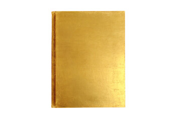 a gold book with a blank page on a white background