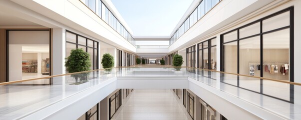 Modern Shopping Mall Interior With Glass Railing and Storefront Windows, Architecture , Retail