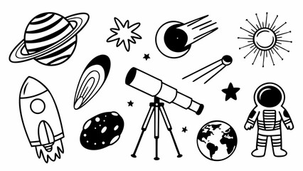 Illustration of a planet with rings, astronaut, telescope, rocket, earth and other celestial objects art