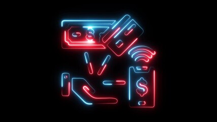 Neon glowing abstract financial transaction icons showing contactless payment mobile banking credit card cash - Powered by Adobe