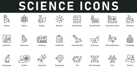 Science Icons vector illustration with thin line editable stroke contains physics, biology, research, mathematics, computer science, chemistry, laboratory, experiment, teaching, pharmacy, toxic, art