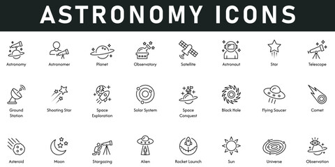 Astronomy Icons vector illustration with thin line editable stroke contains planet, satellite, stars, telescope, universe, observation, alien, rocket launch, moon, sun, comet, solar system, station