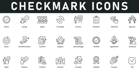 Check Mark Icons vector illustration with thin line editable stroke contain accept, agree, complete, correct, checklist, approve, success, validate, consent, confirm, right, endorse, achieved, support