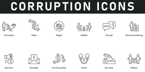 Corruption Icons vector illustration with thin line editable stroke contains bribe, illegal, hidden, corrupt, money laundering, extortion, envelope, anti corruption, crime, buy vote, bribery.