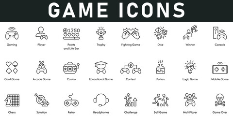 Game Icons vector illustration with thin line editable stroke contains player, trophy, dice, winner, console, arcade game, casino, potion, multiplayer, challenge, retro, solution, chess, mobile game