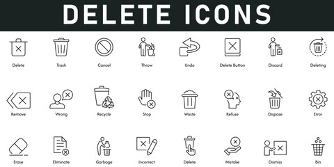 Delete Icons vector illustration with thin line editable stroke contains trash, cancel, throw, bin, undo, dismiss, incorrect, erase, error, dispose, refuse, recycle, stop, remove, wrong, discard.