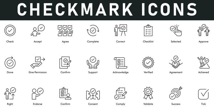Check Mark Icons vector illustration with thin line editable stroke contain accept, agree, complete, correct, checklist, approve, success, validate, consent, confirm, right, endorse, achieved, support