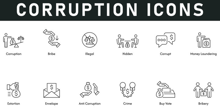 Corruption Icons vector illustration with thin line editable stroke contains bribe, illegal, hidden, corrupt, money laundering, extortion, envelope, anti corruption, crime, buy vote, bribery.