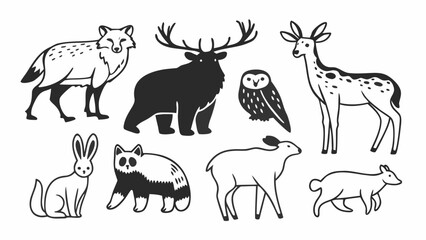 Illustration of fox, rabbit, raccoon, deer, moose, owl, and other forest animals in black and white style