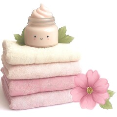 Natural Earth Tone Spa Towels with Moisturizer Jar and Green Leaf Detail
