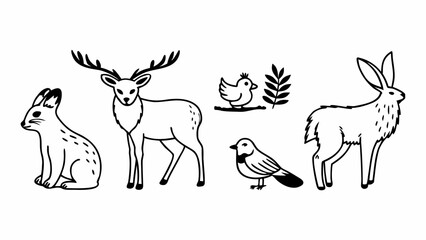 Illustration of a deer, two rabbits, and two birds with a branch in black and white line art style