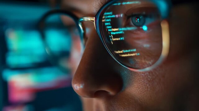 Person focused on screen with code reflection in glasses