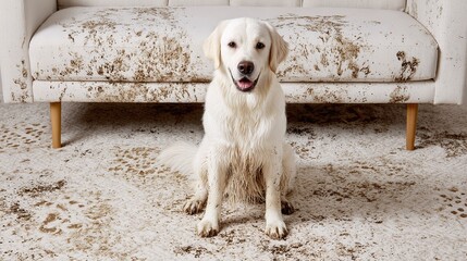 A playful dog has made a mess by tracking mud everywhere in the living room. Sofa and rug need some serious cleaning after the dog's adventure.