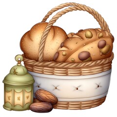 Rustic Wicker Basket Brimming with Fresh Artisanal Breads and Decorative Lantern for Farmhouse Kitchens
