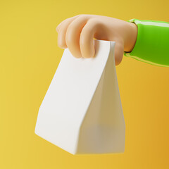 Athlete cartoon hand holding paper bag isolated over yellow background. 3D rendering.