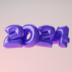 Inflated purple 2024 balloons isolated over pink background. 3D rendering.