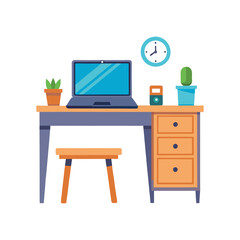 Vector Illustration of a Desk with Laptop for Office or Remote Work Isolated on a White Background
