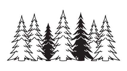 Fototapeta premium A simple black and white illustration of a group of evergreen trees arranged in a forest setting view