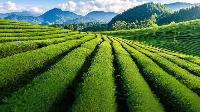 Vast tea plantations display endless rows of vibrant green bushes, set against scenic hills and a captivating sky on a sunny day
