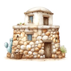 Minimalist Whitewashed Dome Cottage Illustration with Stone Walls for Boho & Travel Decor
