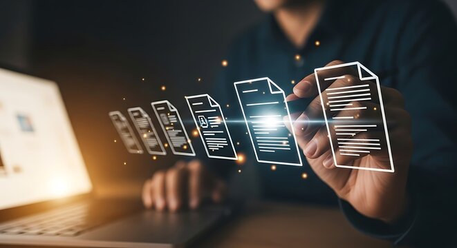 Person managing digital documents on a laptop, creating efficient workflows for document management and electronic filing.