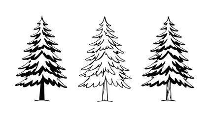 Three stylized christmas trees with black outlines and white fill on a white background in a drawing style