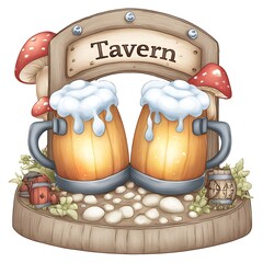 Rustic Winter Tavern Beer Mugs Illustration with Foam, Snowy Base & Mushroom Accents

