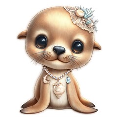 Charming Kawaii Otter Illustration with Pearl Necklace & Floral Crown Vector for Children's Decor
