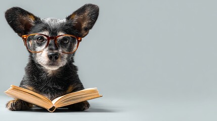 An intelligent dog reading a book, wearing glasses, on a gray studio background exhibiting curiosity and focus.