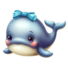 Kawaii Blue Whale with Bow Cute Animal Vector Illustration
