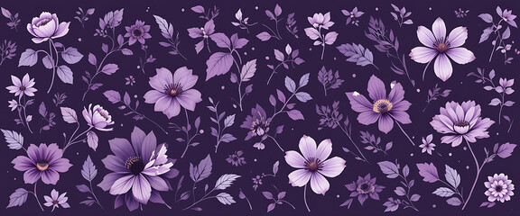 Abstract floral flowers with leaves and branches in purple and violet combination gradient colors, in dark purple background, minimalist style, artistic, water colors, seamless pattern, oil painting s