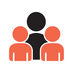 Minimal outline-style vector icon representing teamwork and collective collaboration. Features three stylized human figures—one central black figure flanked by two red companions, symbolizing leadersh