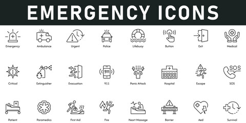 Emergency Icons vector illustration with thin line editable stroke containing ambulance, urgent, police, medical, barrier, fire, first aid, panic attack, evacuation, critical, lifebuoy, paramedics.