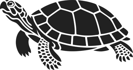 Turtle, aquatic reptile, shell-bearing animal, marine life, wildlife illustration, vector art, engraved style, natural habitat depiction, ancient creature, serene swimming