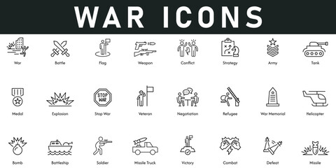 War Icons vector illustration with thin line editable stroke containing battle, flag, weapon, conflict, strategy, army, tank, explosion, negotiation, helicopter, missile, bomb, battleship, combat.
