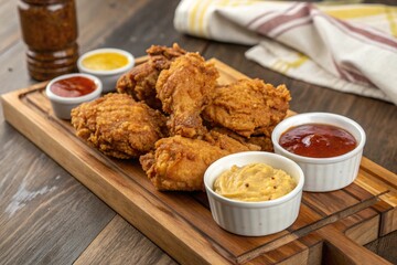 Crispy fried chicken pieces on a wooden board with dipping sauces.