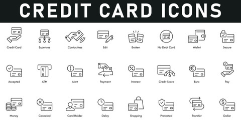 Credit Card Icons vector illustration with thin line editable stroke containing expenses, wallet, secure, ATM, payment, money, shopping, transfer, card holder, credit score, pay, contactless, edit.