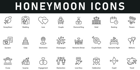 Honeymoon Icons vector illustration with thin line editable stroke containing wedding, love, couple, booking, flowers, travel, celebration, surprise, champagne, destination, engagement, love story.