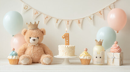 Soft pastel-colored birthday scene for 1-year-old baby, with teddy bear, crown hat, and tiny cake with one candle, playful and sweet vibe, isolated on transparent background 