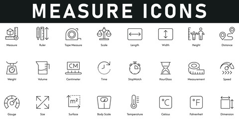 Measure Icons vector illustration with thin line editable stroke contains ruler, tape measure, scale, length, width, height, distance, dimension, temperature, size, gauge, speed, time, volume, weight
