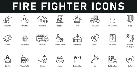 Fire Fighter Icons vector illustration with thin line editable stroke containing house fire, ladder, mask, match, car fire, walkie talkie, call 911, fire station, fire truck, hydrant, extinguisher.