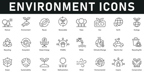 Environment Icons vector illustration with thin line editable stroke containing nature, reuse, eco, earth, ecology, recycling, ecosystem, wildlife, water, climate change, sustainability, plant, wind.