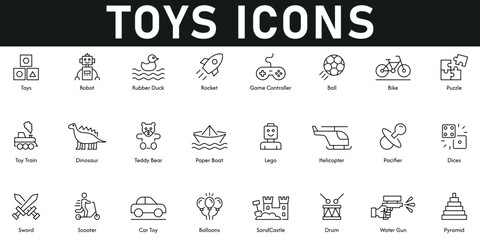 Toys Icons vector illustration with thin line editable stroke containing dinosaur, toy train, helicopter, dices, drum, sandcastle, scooter, puzzle, ball, rocket, teddy bear, pacifier, car toy, pyramid
