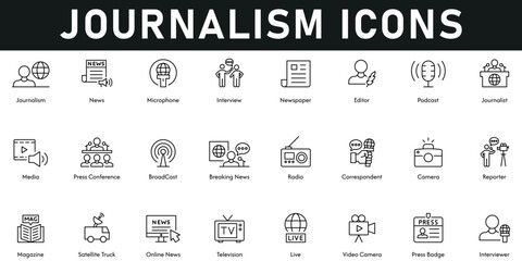 Journalism Icons vector illustration with thin line editable stroke containing news, microphone, interview, editor, press badge, live, TV, magazine, camera, reporter, radio, broadcast, media, podcast
