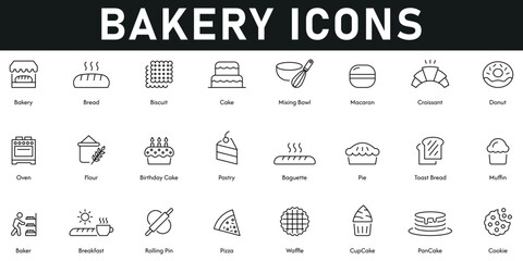 Bakery Icons vector illustration with thin line editable stroke containing bread, biscuit, cookie, cupcake, waffle, baker, pastry, flour, oven, donut, croissant, baguette, pie, pancake, breakfast.